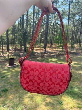 Coach Red Signature Jacquard Saddle Shoulder Bag